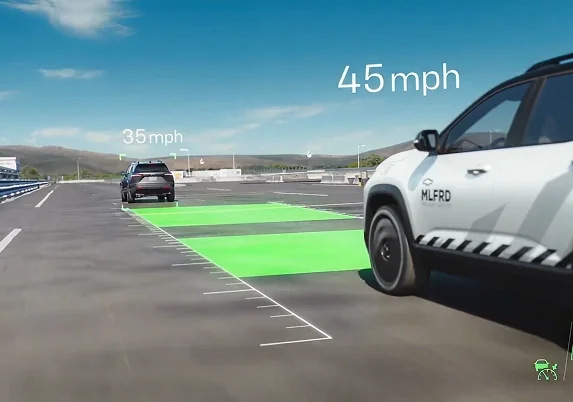 Illustration of Adaptive Cruise Control showing a Chevrolet EV maintaining a safe following distance from the vehicle ahead
