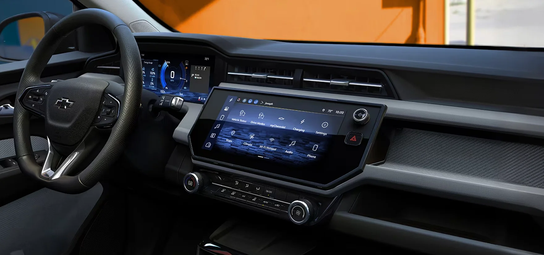 Wide-angle view of the 2027 Chevrolet Bolt interior showing the redesigned dashboard, dual screens, and center console