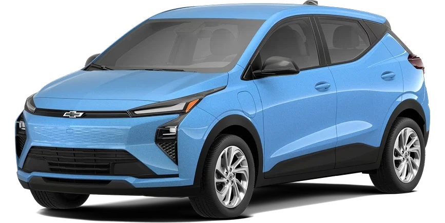 2027 Chevrolet Bolt LT in blue shown from a front three-quarter angle against a gradient background