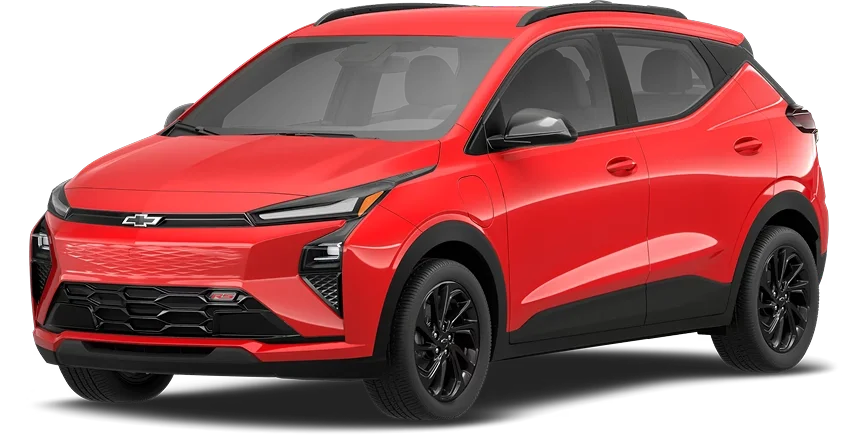 2027 Chevrolet Bolt RS in red shown from a front three-quarter angle against a gradient background