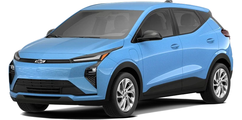 2027 Chevrolet Bolt LT in blue shown from a front three-quarter angle on a gradient background