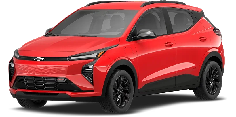 2027 Chevrolet Bolt RS in red shown from a front three-quarter angle on a gradient background